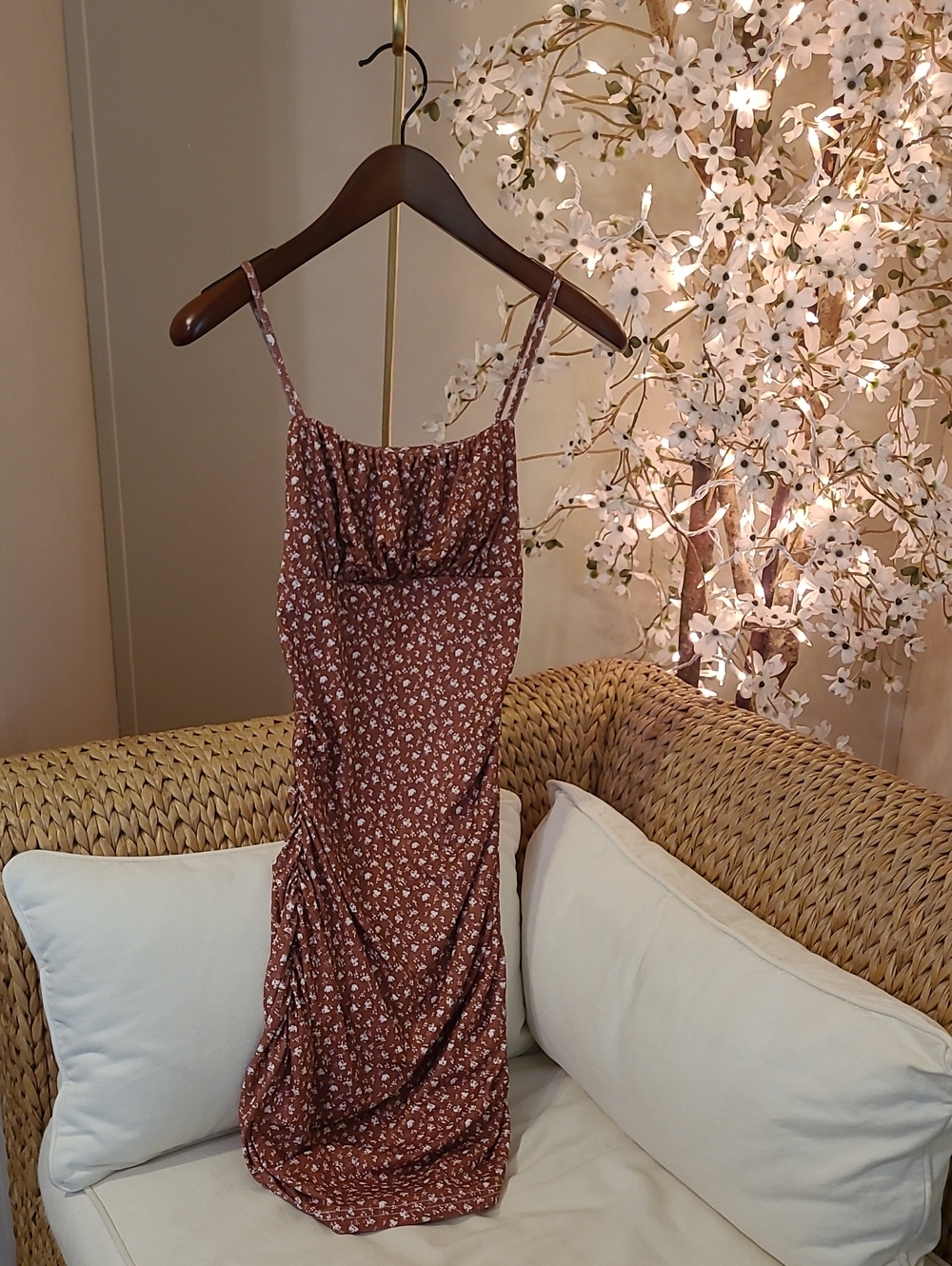 Brown Floral Spaghetti Strap Ruched Bodycon Dress